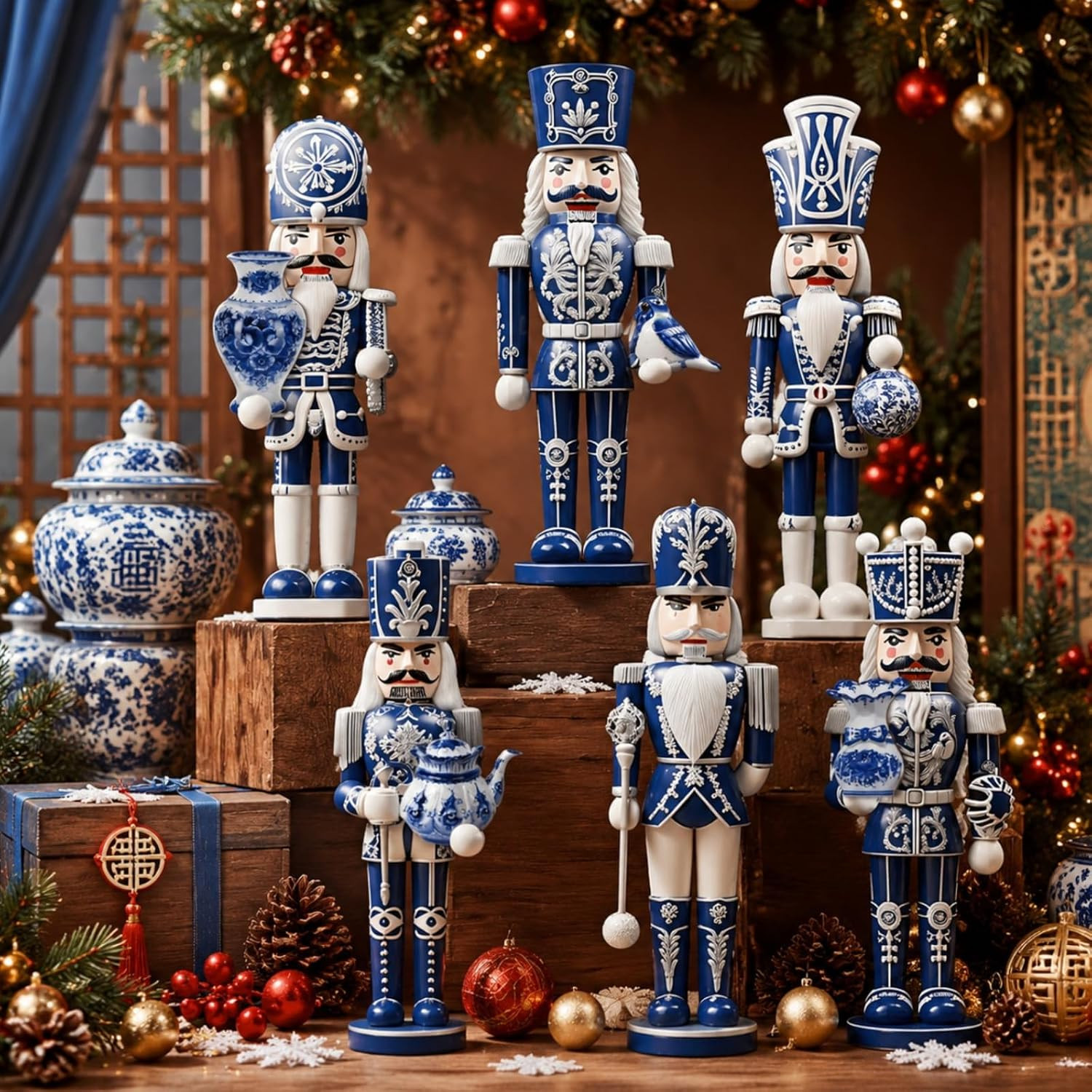 6 Pcs Wooden Nutcracker, Blue and White Christmas Decor, 5.9'' 6 Pcs Wooden Nutcracker, Blue and White Christmas Decor, 5.9''