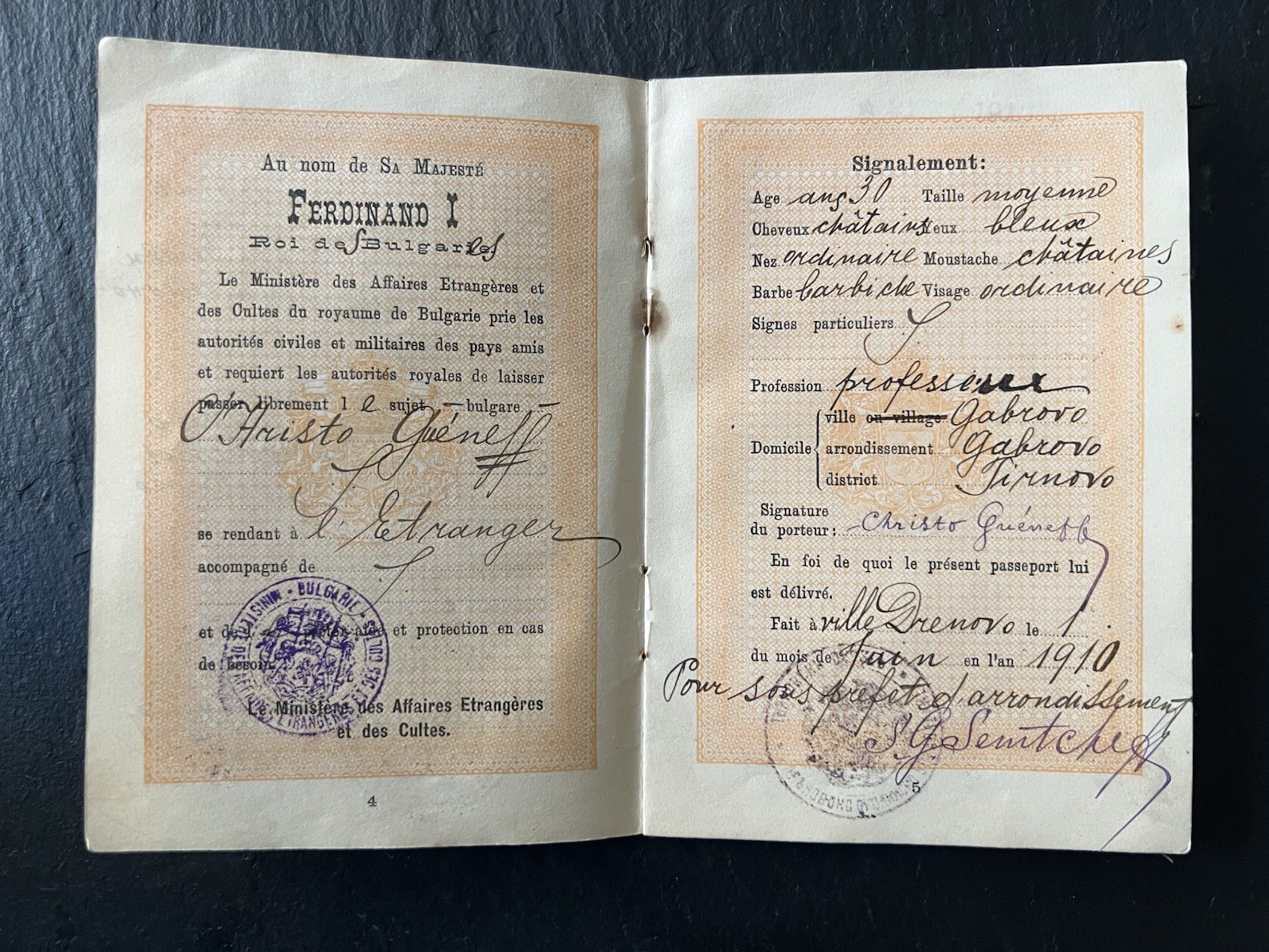 Bulgarian Passport 1910 Pre-WWI Tsar Ferdinand I Bilingual( French) Travel Doc
