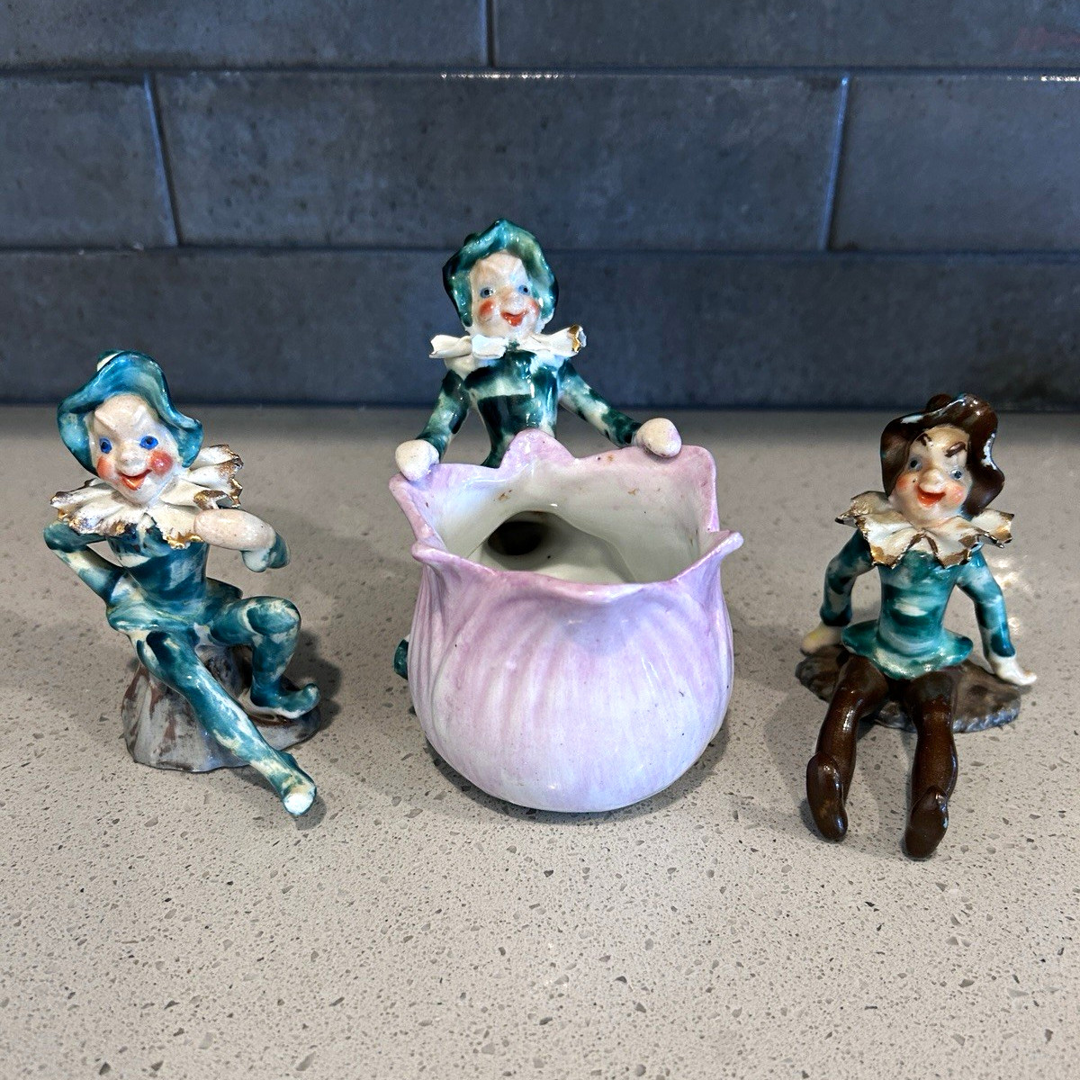 Vintage Occupied China Elf Pixie Figurines Planter 3 Pc Set Hand Painted 1940s