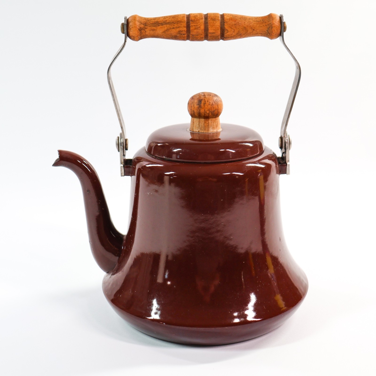 Vtg French Enamel Bell Tea Kettle Pot Teapot Brown Wood Handle Metal Enamelware