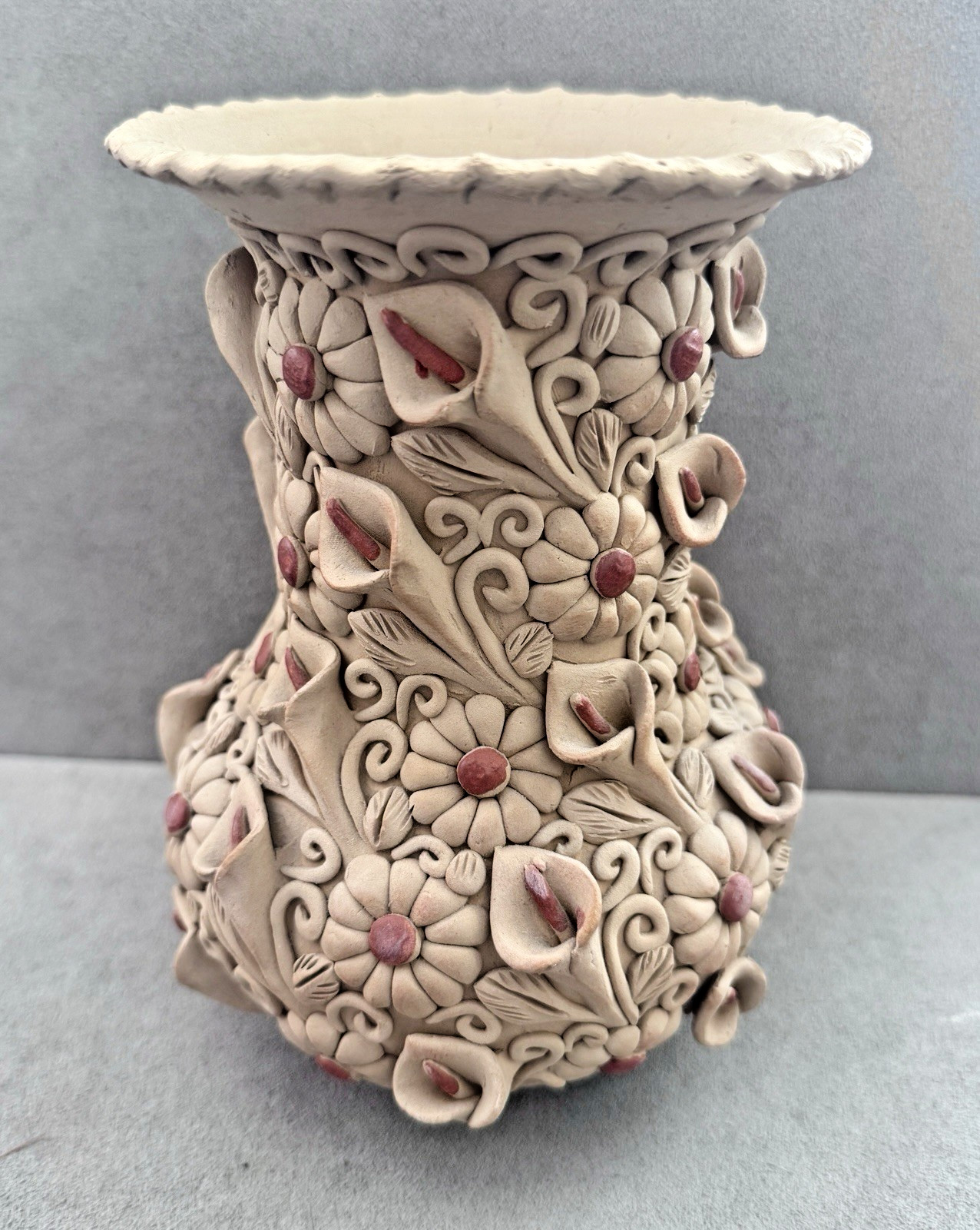 Vtg OAXACA POTTERY VASE Calla Lily + Daisy Large 3D 7.5