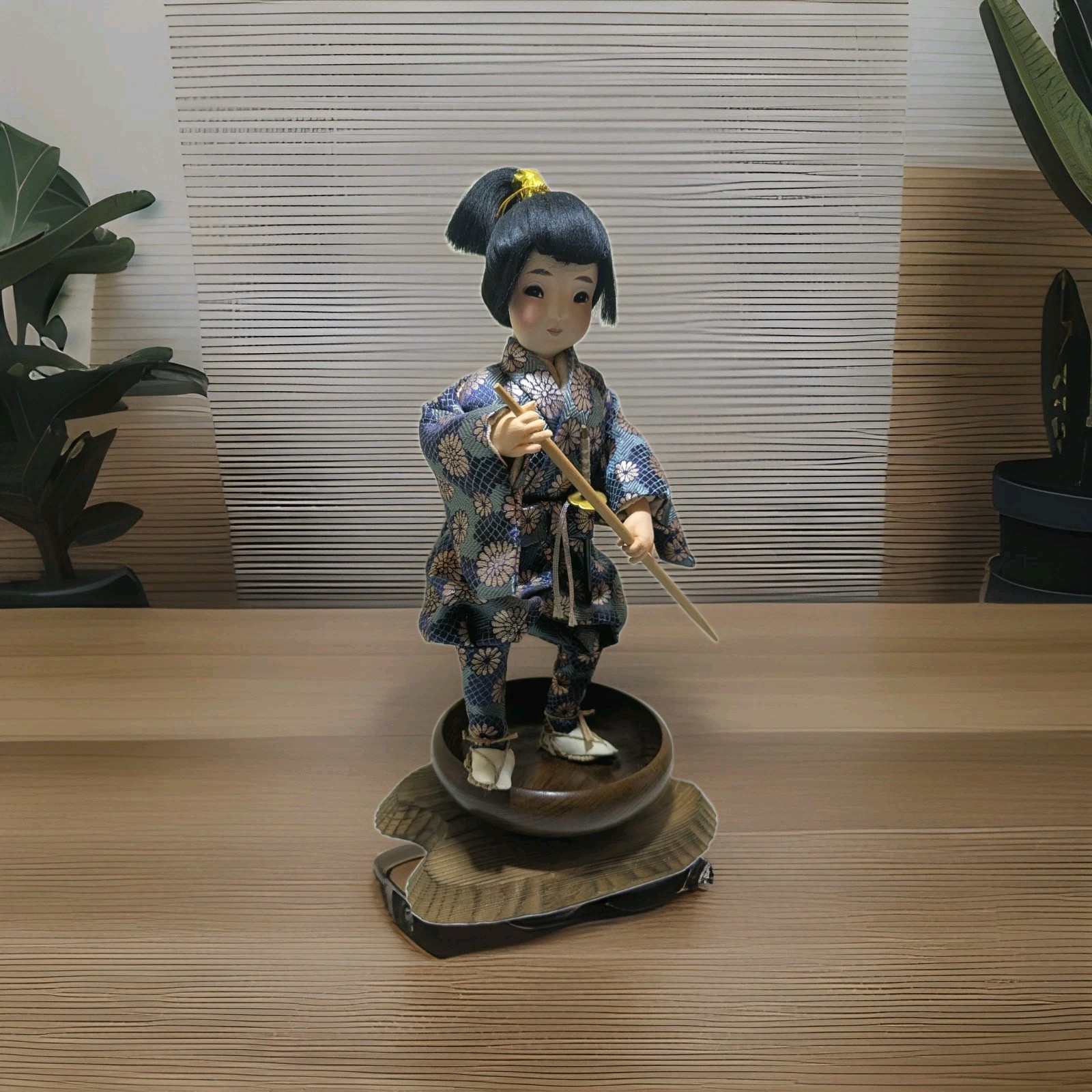 Vintage Japanese Samurai Warrior Fabric Doll in Blue Kimono Wood Bowl Stand 14 Vintage Japanese Samurai Warrior Fabric Doll in Blue Kimono Wood Bowl Stand 14