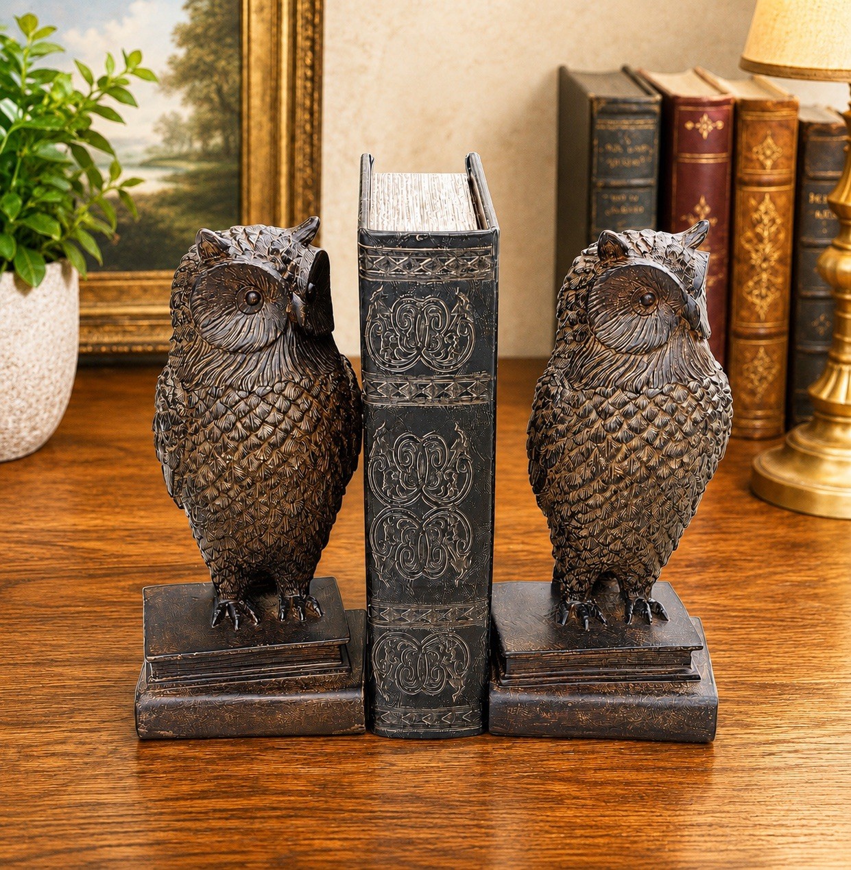 Set Of Carved Brown Owl Standing On Books Figurine Owl Bookends Owl Decor
