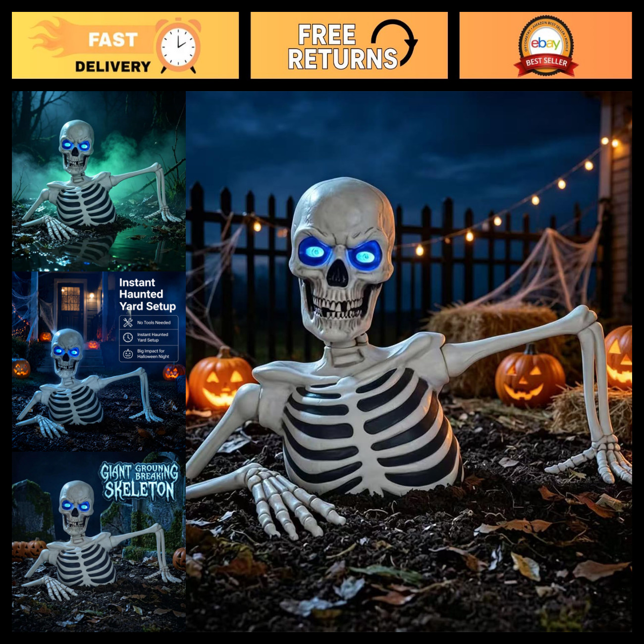 Giant Ground Breaking Skeleton with LED Eyes - Halloween Decoration, 15.75\