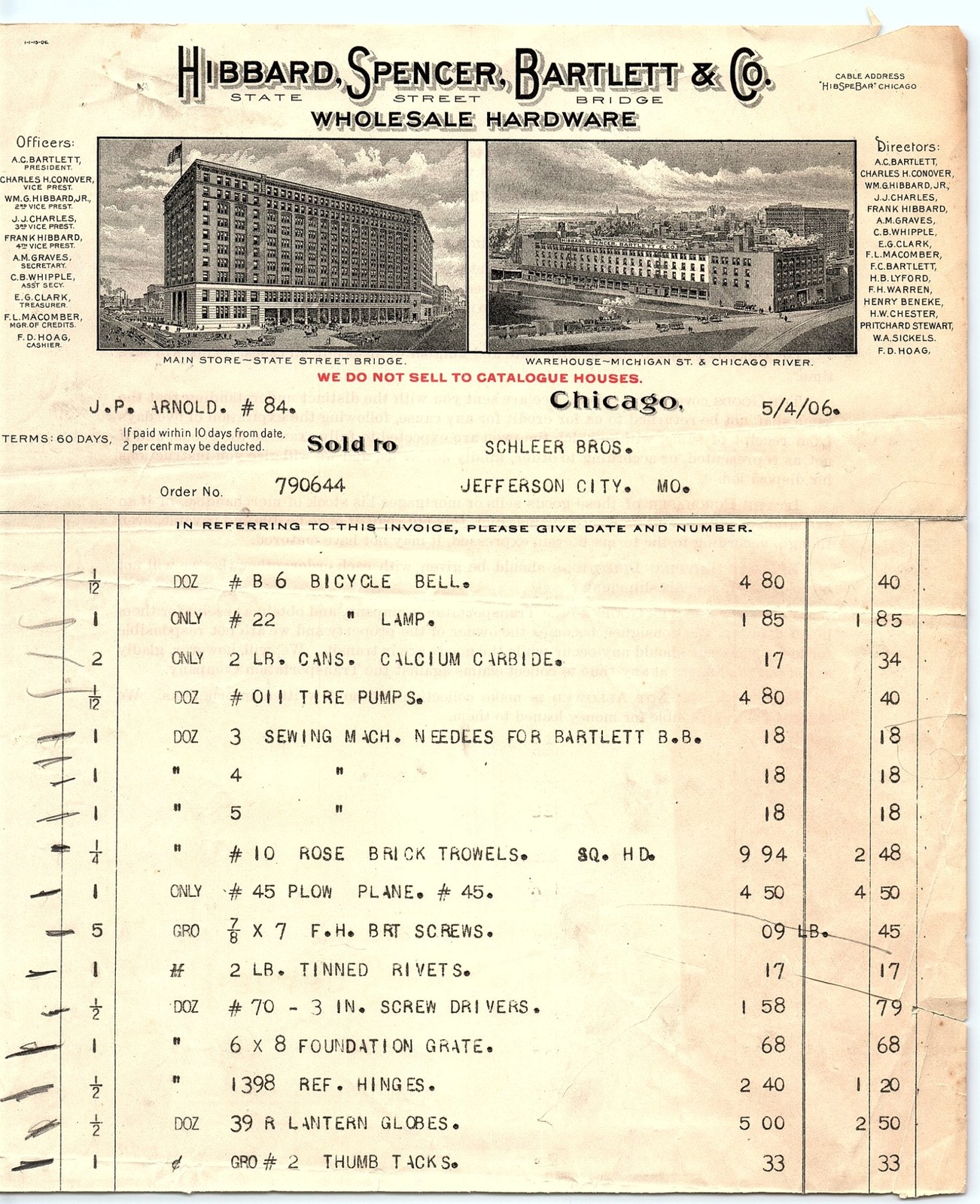 1906 Chicago Hibbard Spencer Bartlett hardware invoice