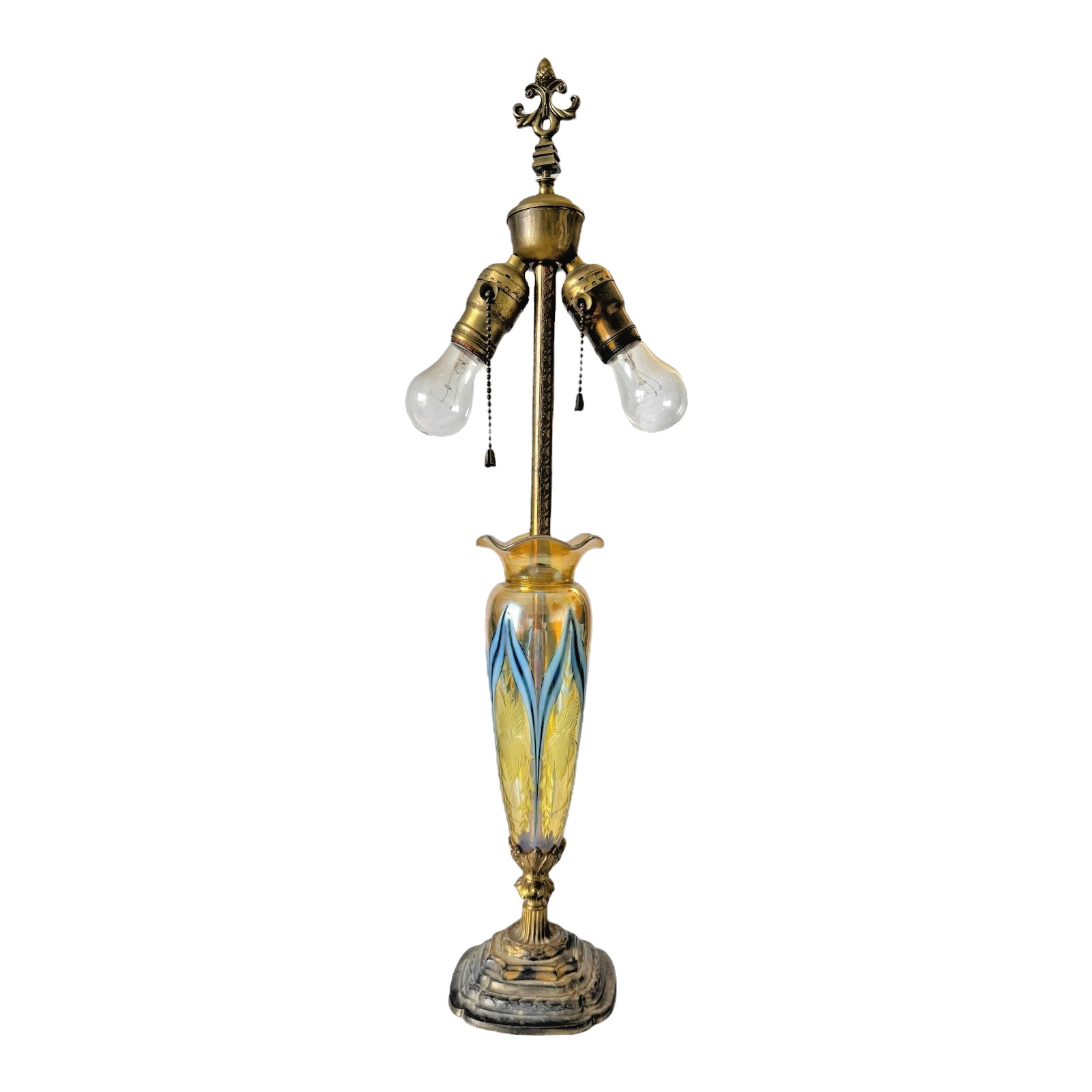 Vintage Durand Pulled Feather Art Nouveau Glass Dual Socket Lamp Vintage Durand Pulled Feather Art Nouveau Glass Dual Socket Lamp
