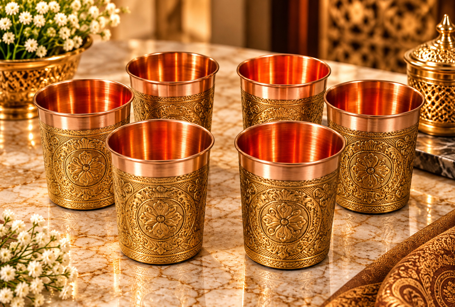 Luxury Engraved Copper Drinking Glass Set of 6 Traditional Indian Design