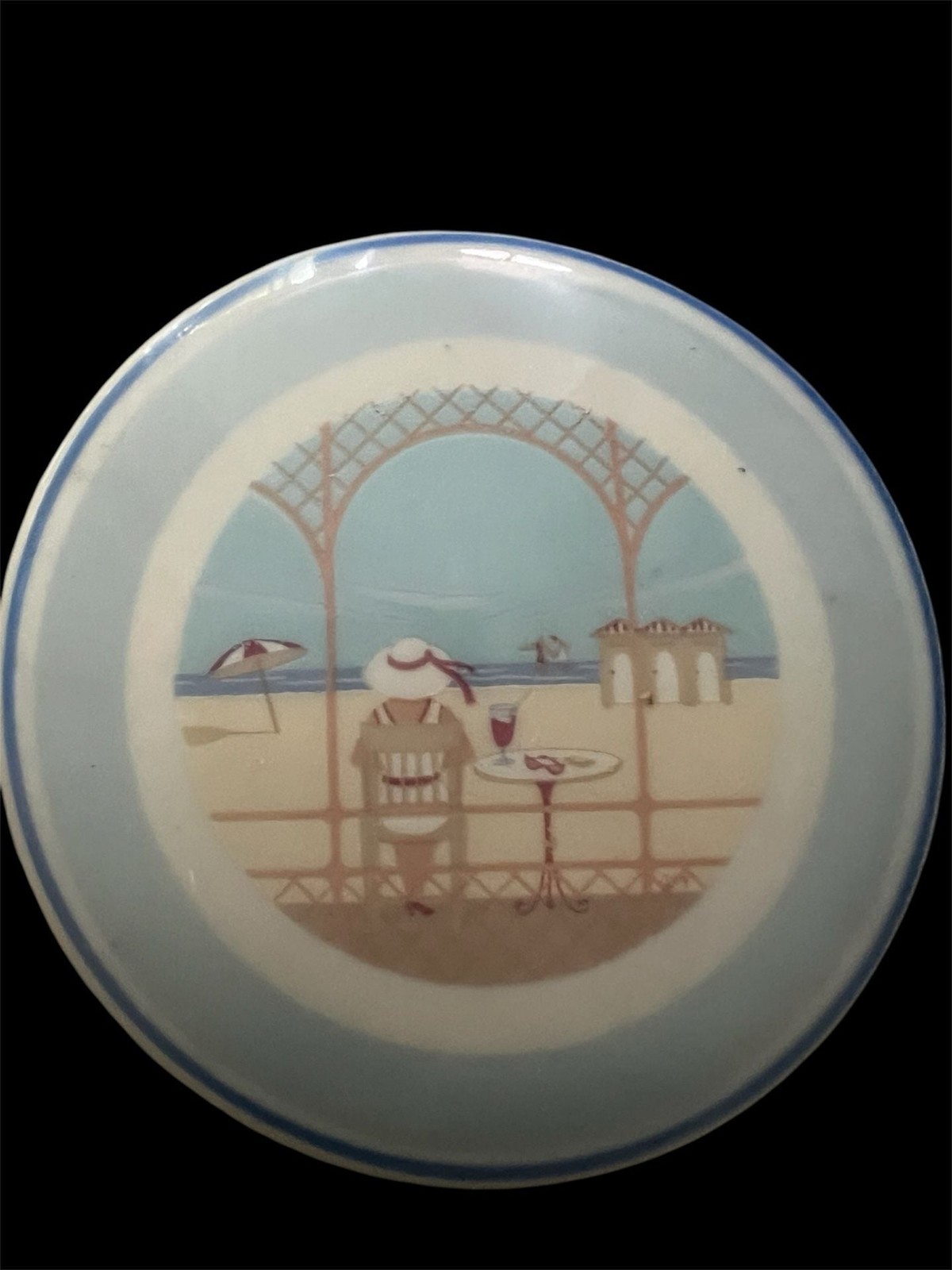 Limoges France Porcelain Trinket Box - Vintage Beach Scene with Woman in Hat Limoges France Porcelain Trinket Box - Vintage Beach Scene with Woman in Hat