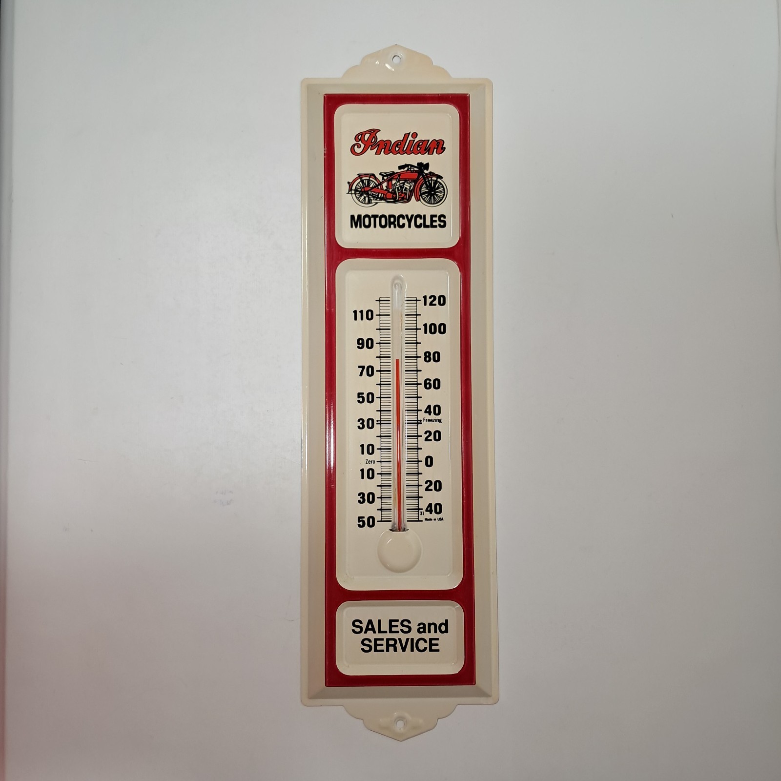 Vintage Indian Motorcycles Sales & Service Metal Wall Thermometer 13.25” Vintage Indian Motorcycles Sales & Service Metal Wall Thermometer 13.25”