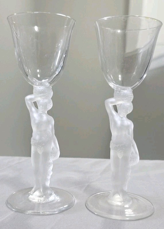 2 Crystal Bayel French Bacchus Claret Cordial Glass Frosted Nude Stem Grape