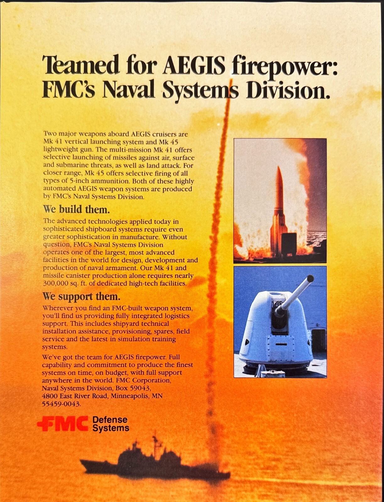 FMC Defense Systems AEGIS Weapon Mk 41 Mk 45 Firepower Vintage Print Ad 1988