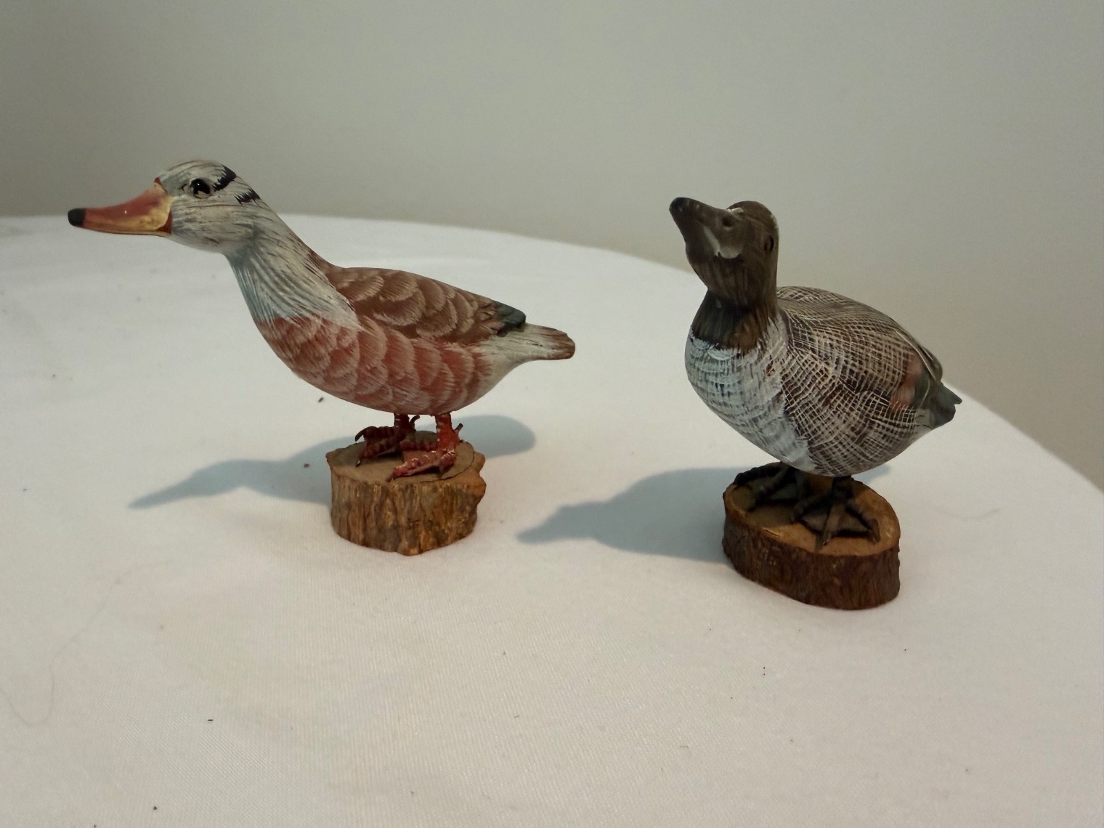 Pair Vintage Miniature Hand Carved Wood Duck Decoys Figurines on Wood Slice Base Pair Vintage Miniature Hand Carved Wood Duck Decoys Figurines on Wood Slice Base
