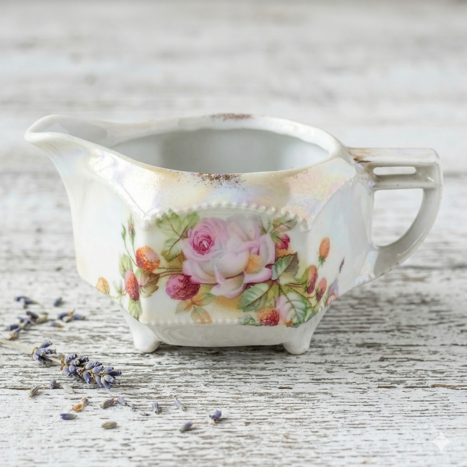 Germany Porcelain Creamer Hexagon Pink Rose Antique Luster Pitcher 4in