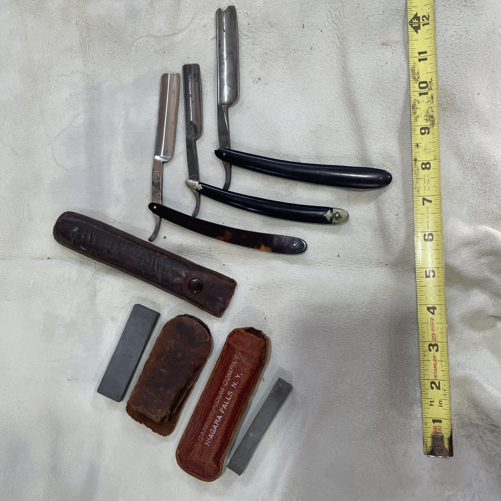 Straight Razor Lot of 3 - W H Morley, Shumate Austin Texas, Carborundum Hones