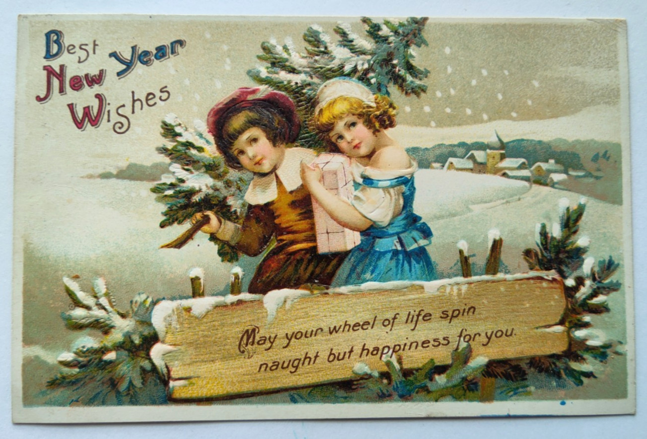 Vintage 1910s New Year Postcard BOY & GIRL CARRYING A TREE PRESENT Embossed Used Vintage 1910s New Year Postcard BOY & GIRL CARRYING A TREE PRESENT Embossed Used
