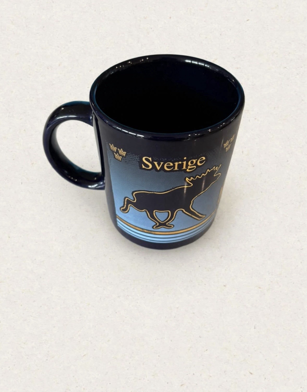 Vintage Sweden Mug Sverige Souvenir - Dala Horse Moose Map - Blue & Gold 10oz
