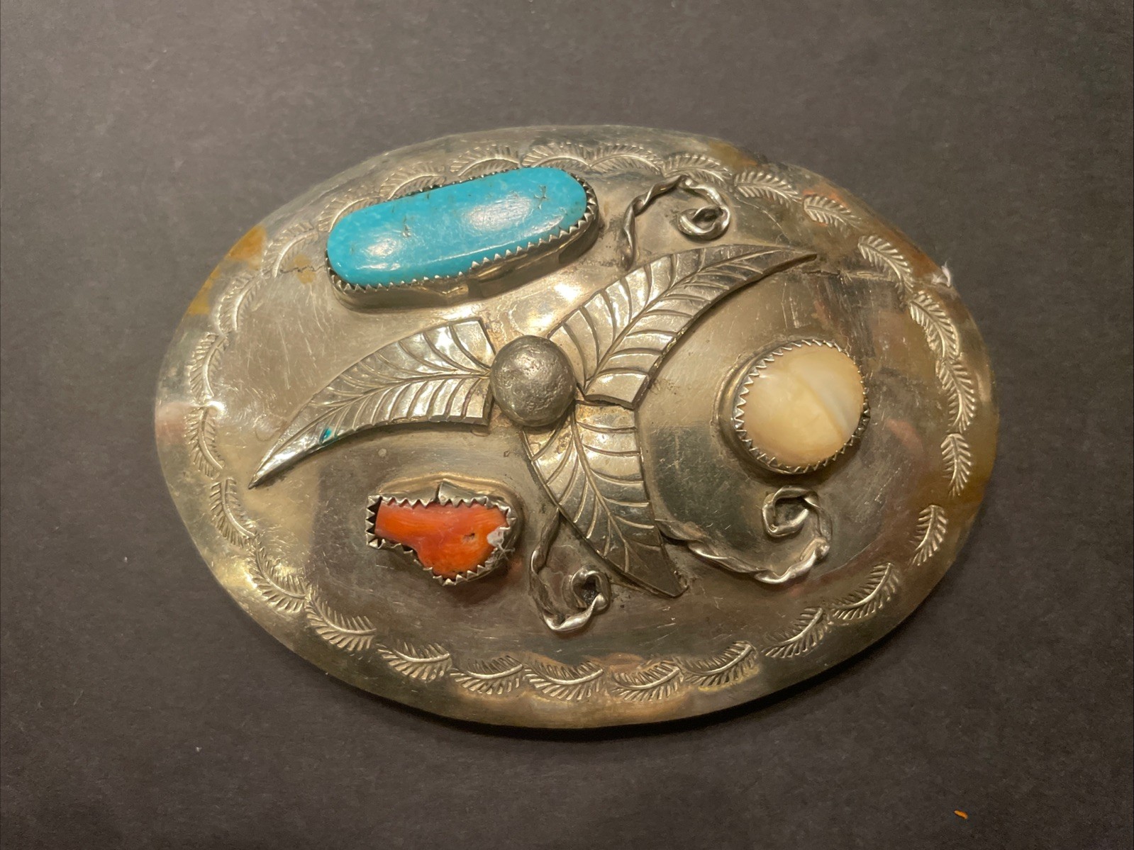Vtg Navajo Sand Cast Sterling Silver Belt Buckle T.K. Emerson TK Multi-Stone 57g Vtg Navajo Sand Cast Sterling Silver Belt Buckle T.K. Emerson TK Multi-Stone 57g
