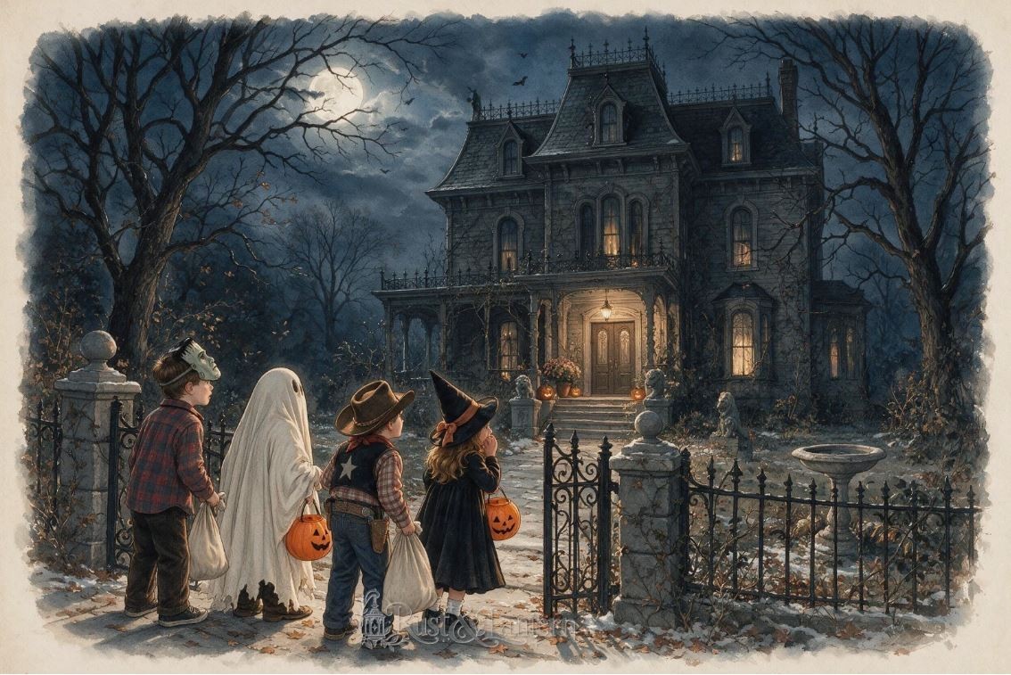 Rust & Lantern “Scary Mansion” Halloween Original Art Postcard – 4x6