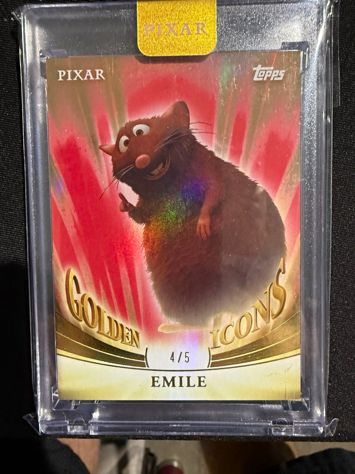 2025 Topps Pixar Gold Emile Ratatouille Golden Icons Red Parallel 4/5 Encased 2025 Topps Pixar Gold Emile Ratatouille Golden Icons Red Parallel 4/5 Encased