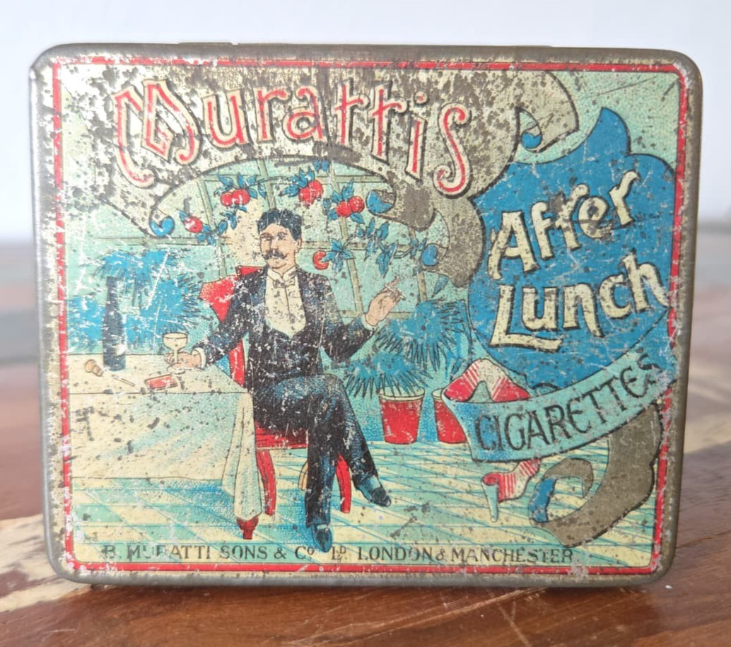 Antique 1910s Muratti After Lunch Cigarettes Tin Box Manchester London Graphic
