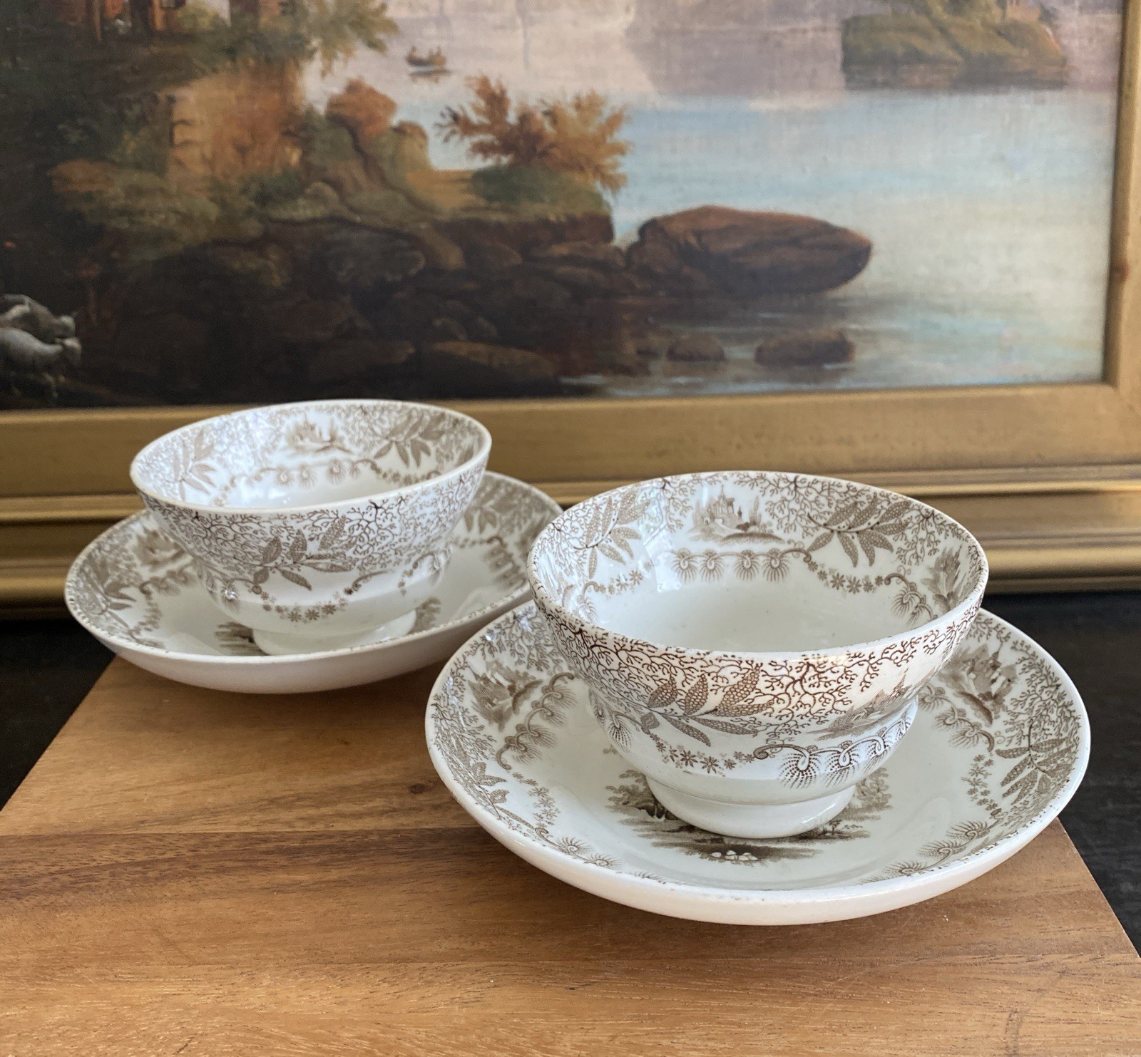 (2) SAMUEL ALCOCK England Blenheim Pattern TEA BOWLS & SAUCERS Antique 1830-1840
