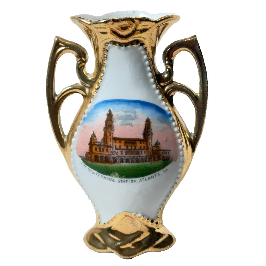 TERMINAL STATION - ATLANTA Georgia GA ANTIQUE Souvenir TRINKET GOLD VASE