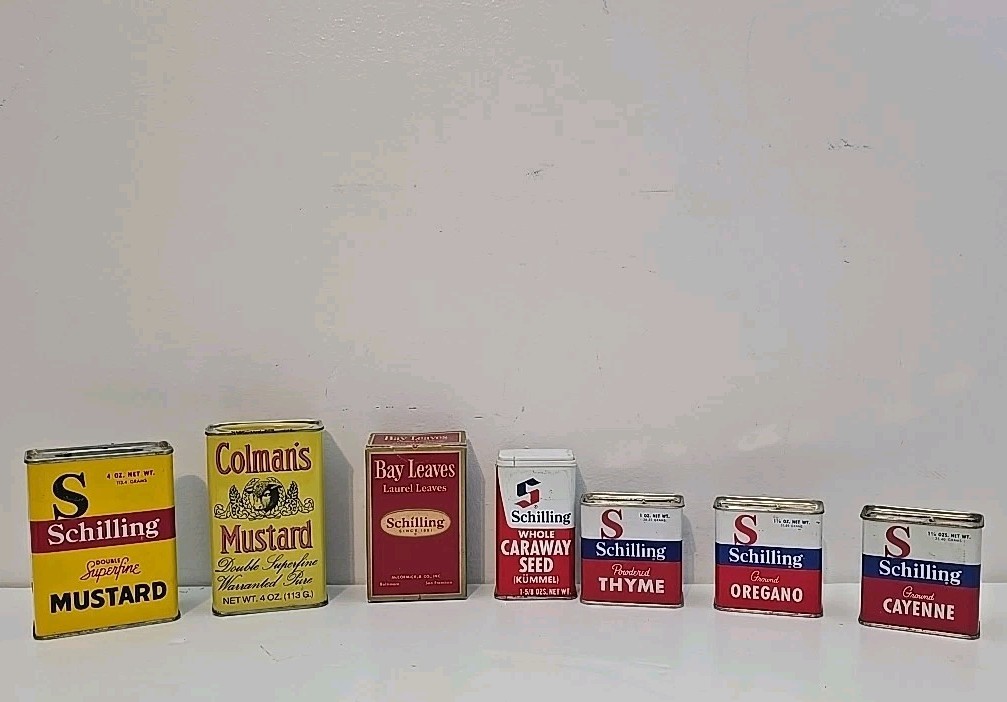Vintage Schilling/Colman Spice Tins Lot - Set of 7 - Many Still Contain Contents Vintage Schilling/Colman Spice Tins Lot - Set of 7 - Many Still Contain Contents