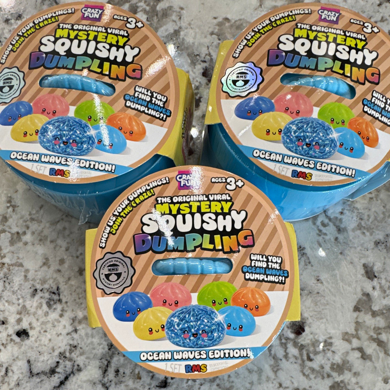 Crazy Fun Mystery Squishy set of 3 Dumpling Ocean Waves Edition