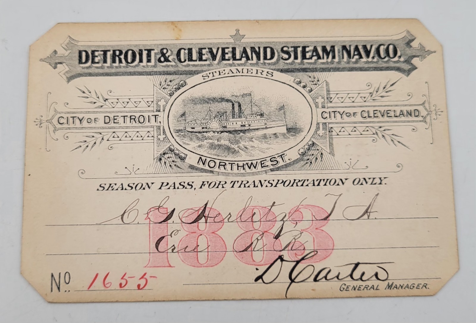 Rare 1889 Hudson River Line Steamboat Pass W.H. Hurlburt Erie RR Agent...