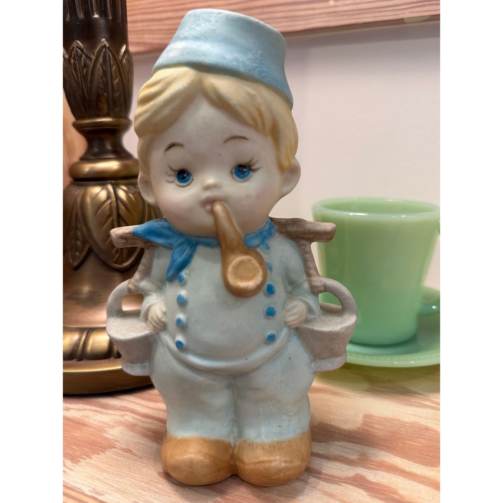 Vintage Dutch Boy Porcelain Figurine Horn Water Buckets Pastel 6.5\
