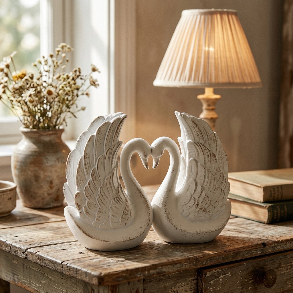 White Swans Figurine W/ Gold Accents Vintage Heart Shaped Swan Decor White Gold