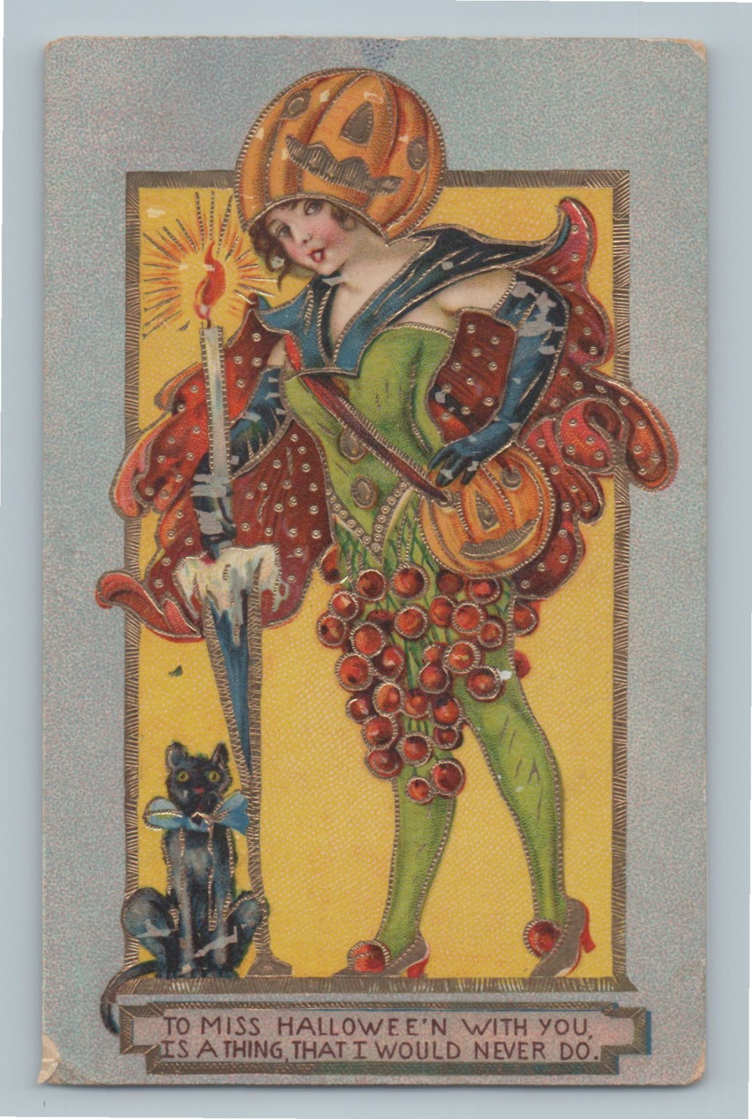 Postcard Miss Halloween Woman Pumpkin Head Black Cat Candle Antique H6