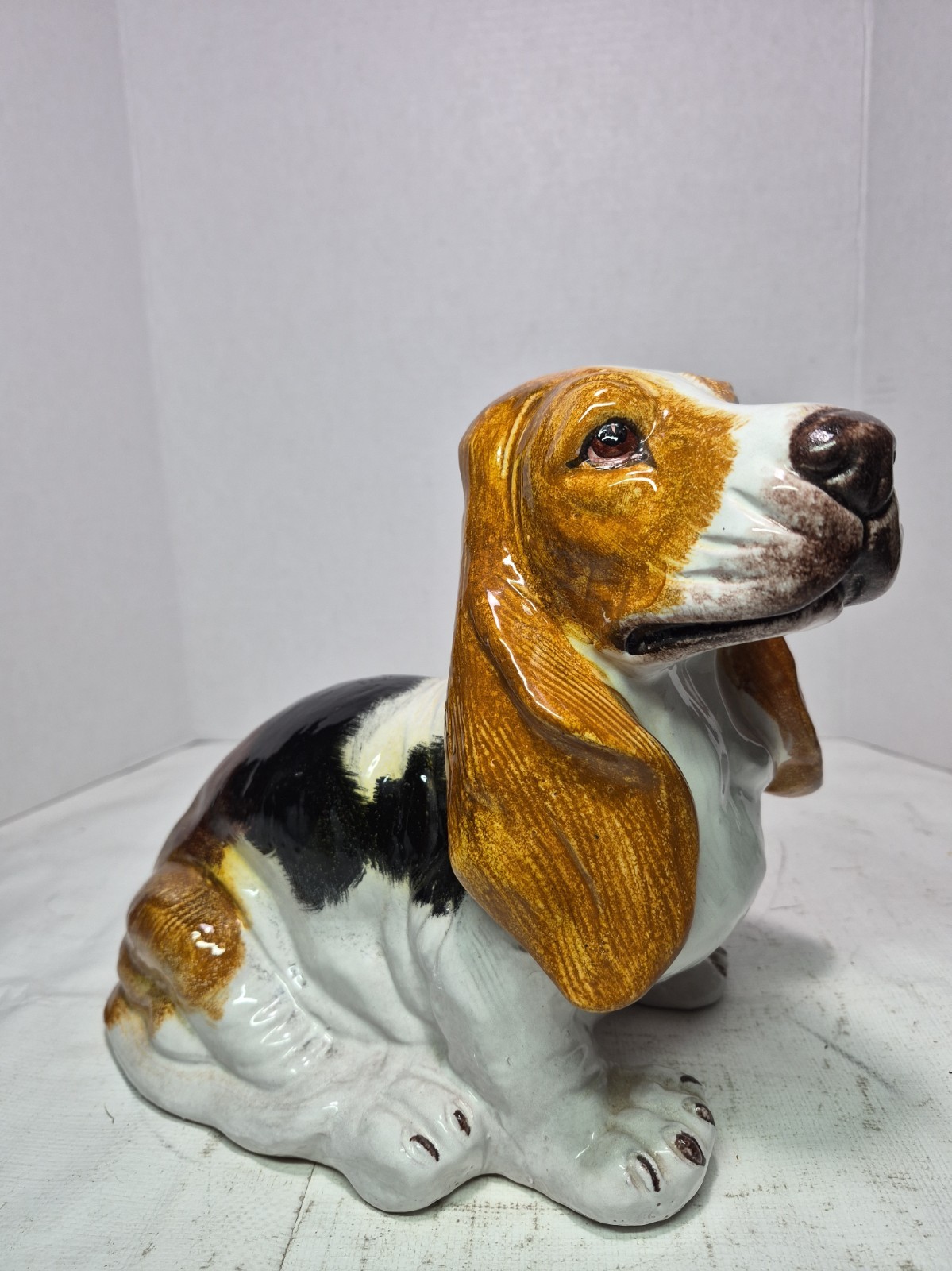 Vintage Ceramic Clay Basset Hound Dog Puppy Size Sculpture Italy Majolica 10