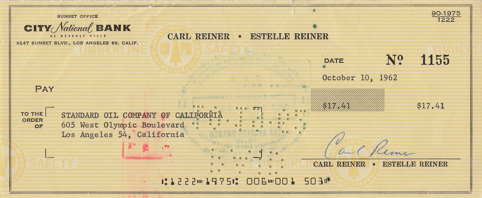 Carl Reiner Signed Autographed Canceled Check 1962 Carl Reiner Signed Autographed Canceled Check 1962