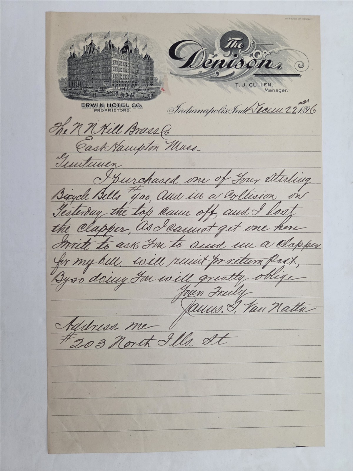 1896 antique THE DENISON HOTEL indianapolis in LETTERHEAD BICYCLE BELL repair