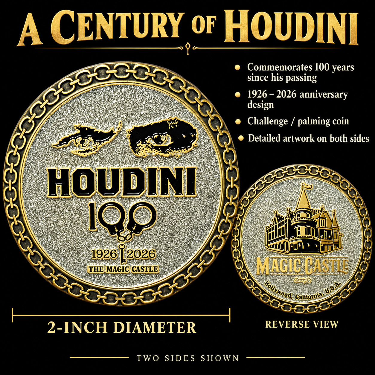 Magic Castle Houdini 100 Centennial Challenge Palming Coin 2 Inch 1926-2026