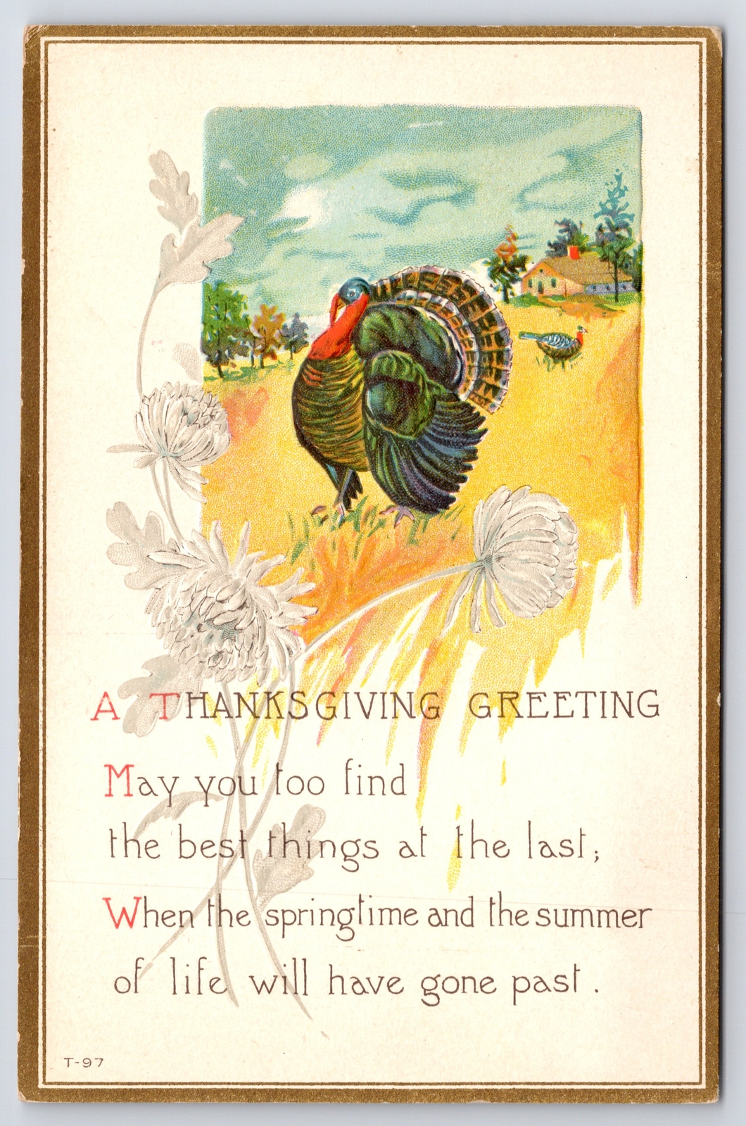 Thanksgiving~Fat Turkey In Field~Mums~Home~Gold Edge~Emboss~Vintage Postcard