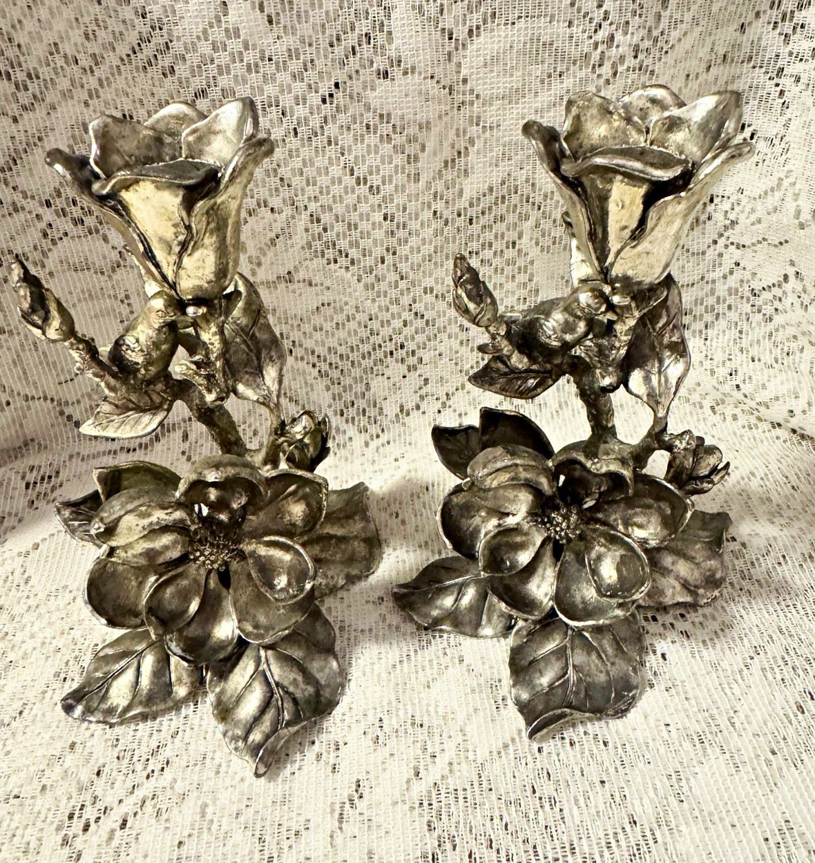 Vtg Arthur Court 2001 Magnolia Flower Bird CandleHolders Cast Aluminum Set of 2