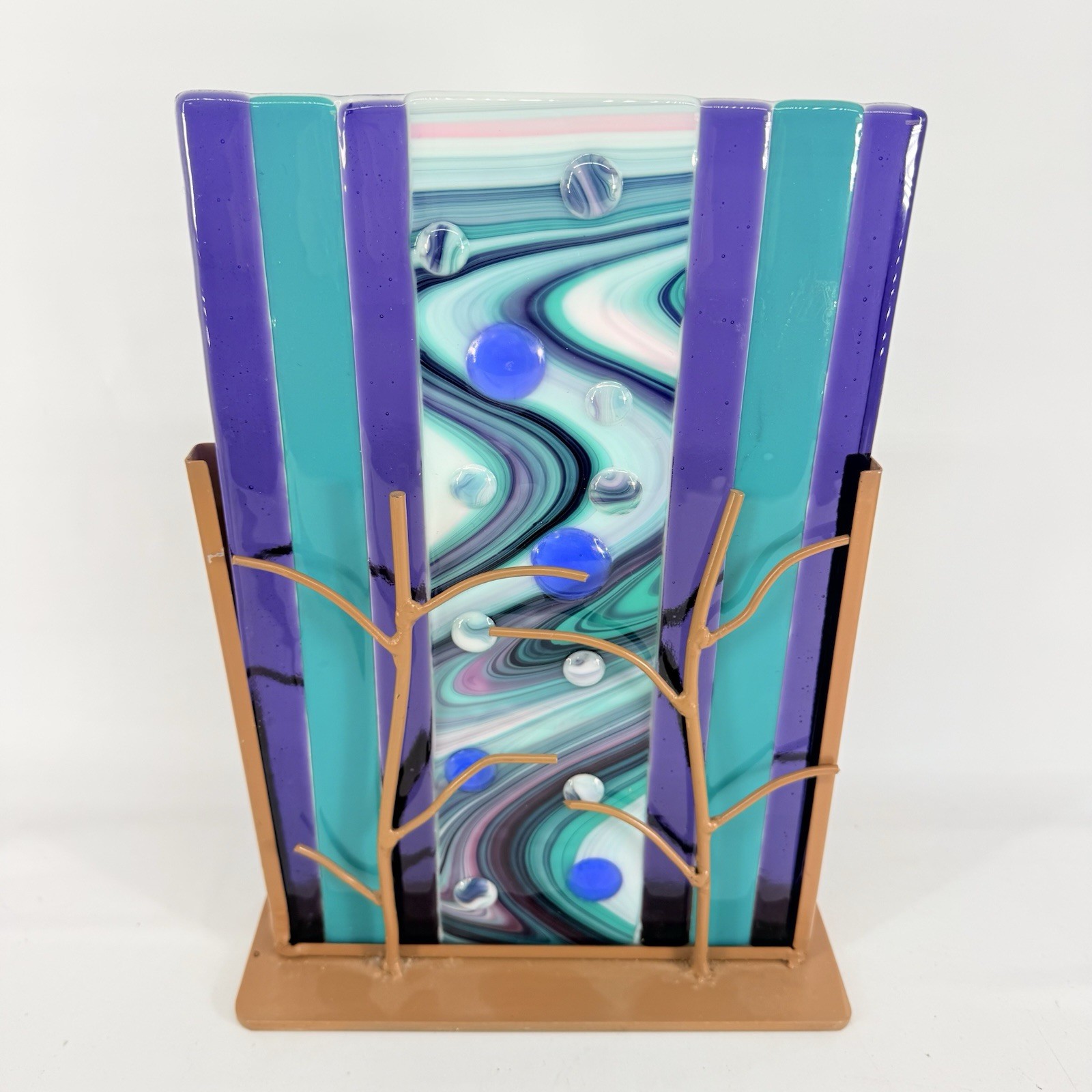 Fused Art Glass Panel Abstract On Metal Stand Trees Aqua Blue Purple White 12”