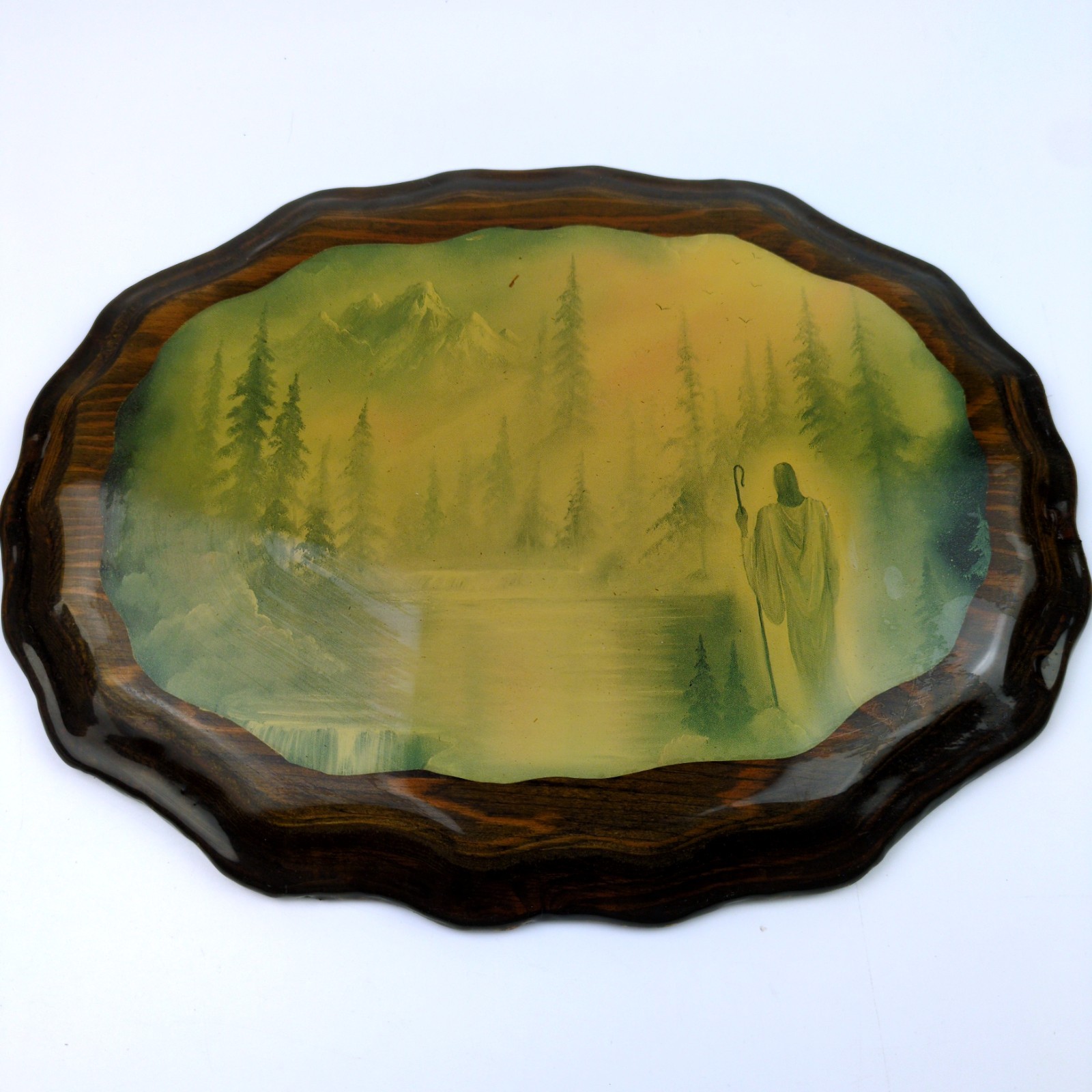 VTG Decoupage Lacquered Religious Wall Plaque Jesus on Mountain Scene on Wood