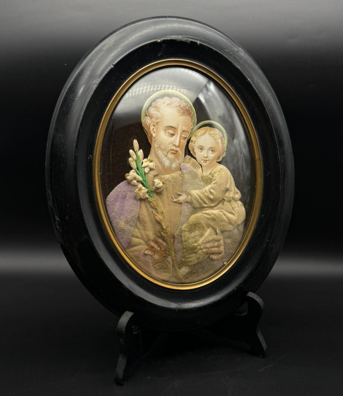 Antique French Saint Joseph Child Convex Glass Frame Religious Icon 1890s⭐