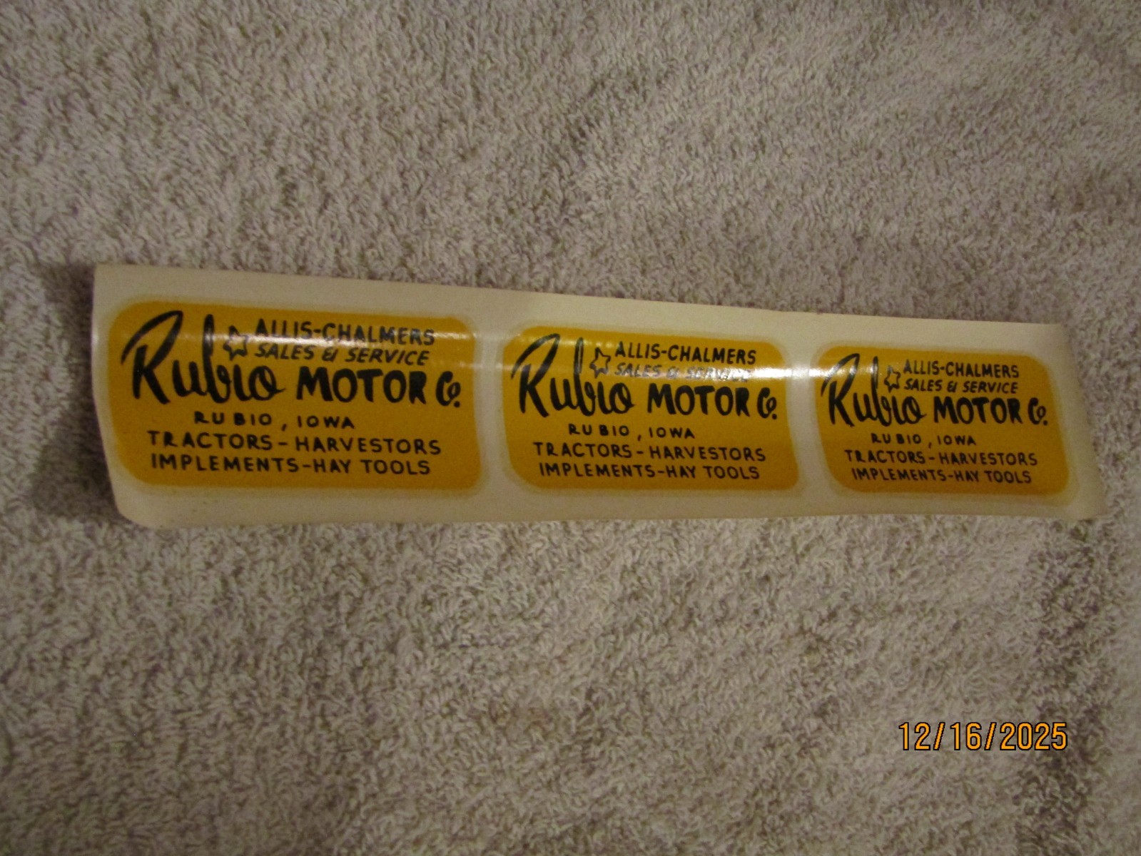 Vintage Rubio Motor Co Iowa Allis-Chalmers Sales Tractors Harvestors Decals NOS