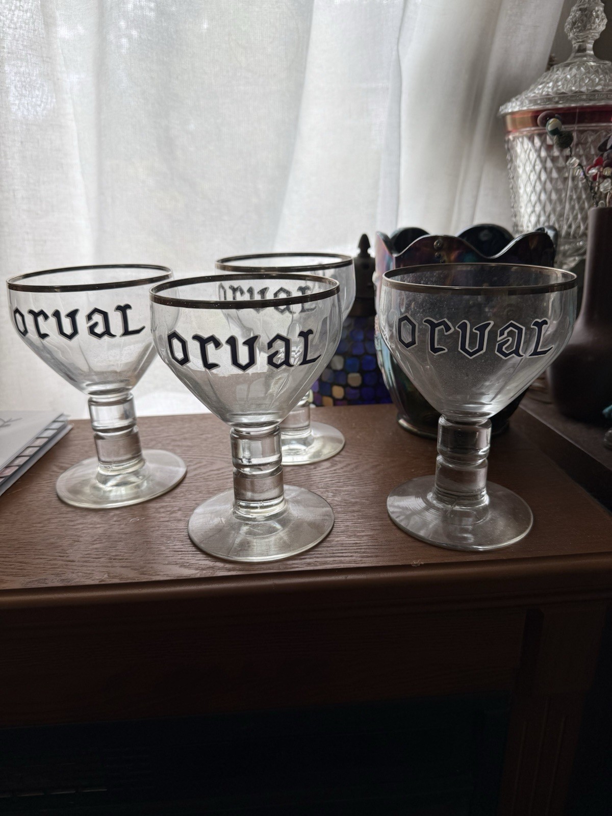 Set Of 4 Orval Trappist Belgian Beer Ribbed Optic Goblet Glass Silver Rim 12oz