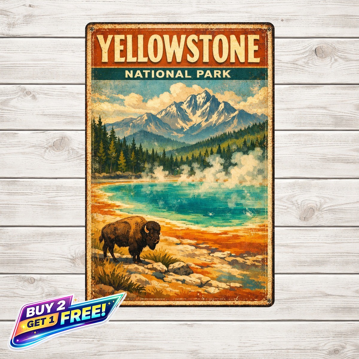 Yellowstone National Park Wall Art Vintage Metal Tin Sign 8x12