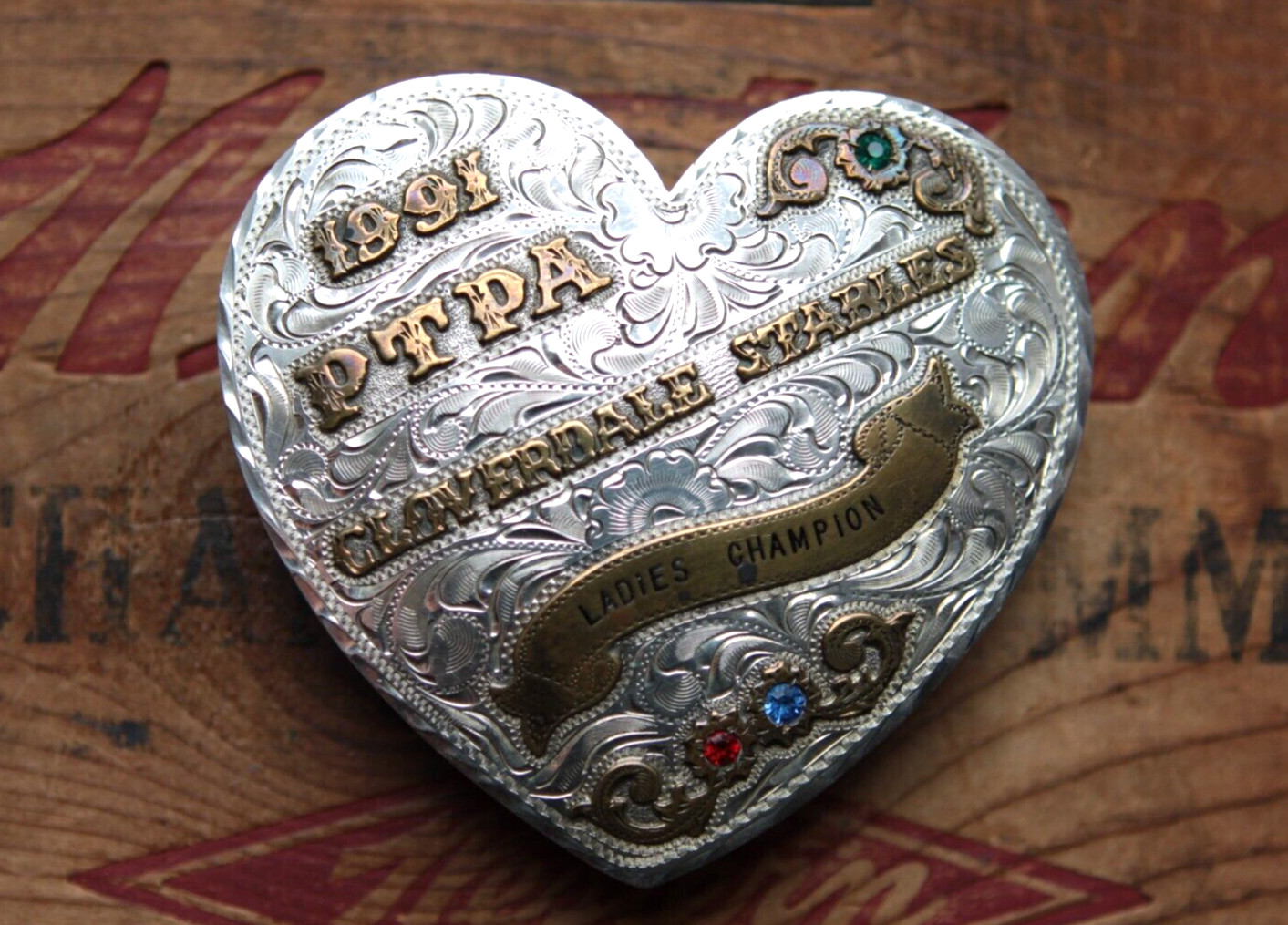 Vtg Kathy\'s Sterling Overlay PTPA Champion Cowgirl Trophy Heart Belt Buckle