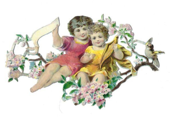 1888 Chromo decoupis, FANTASY Cherry Blossom CHERUBS , Antique Die-Cut Scrap, 4. 1888 Chromo decoupis, FANTASY Cherry Blossom CHERUBS , Antique Die-Cut Scrap, 4.