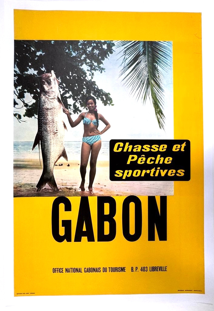 TOURISM POSTER AFRICA GABON FISHING HUNTING SPORT MISS PIN-UP TARPON 1960-70