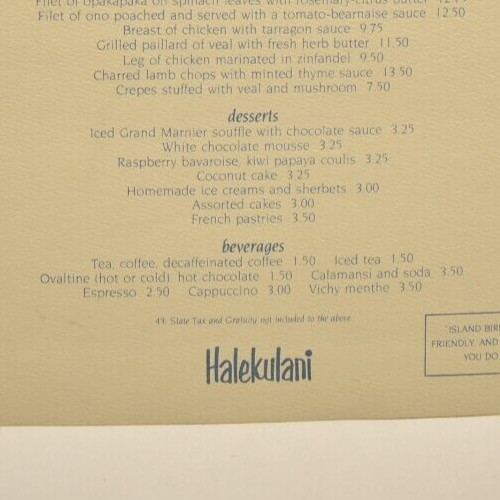 1984 Halekulani Hotel Restaurant Menu Resort Kālia Road Waikiki Honolulu Hawaii 1984 Halekulani Hotel Restaurant Menu Resort Kālia Road Waikiki Honolulu Hawaii