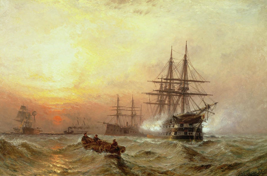 Perfect Oil painting Naval battle on the sea seascape with sunrise scene canvas