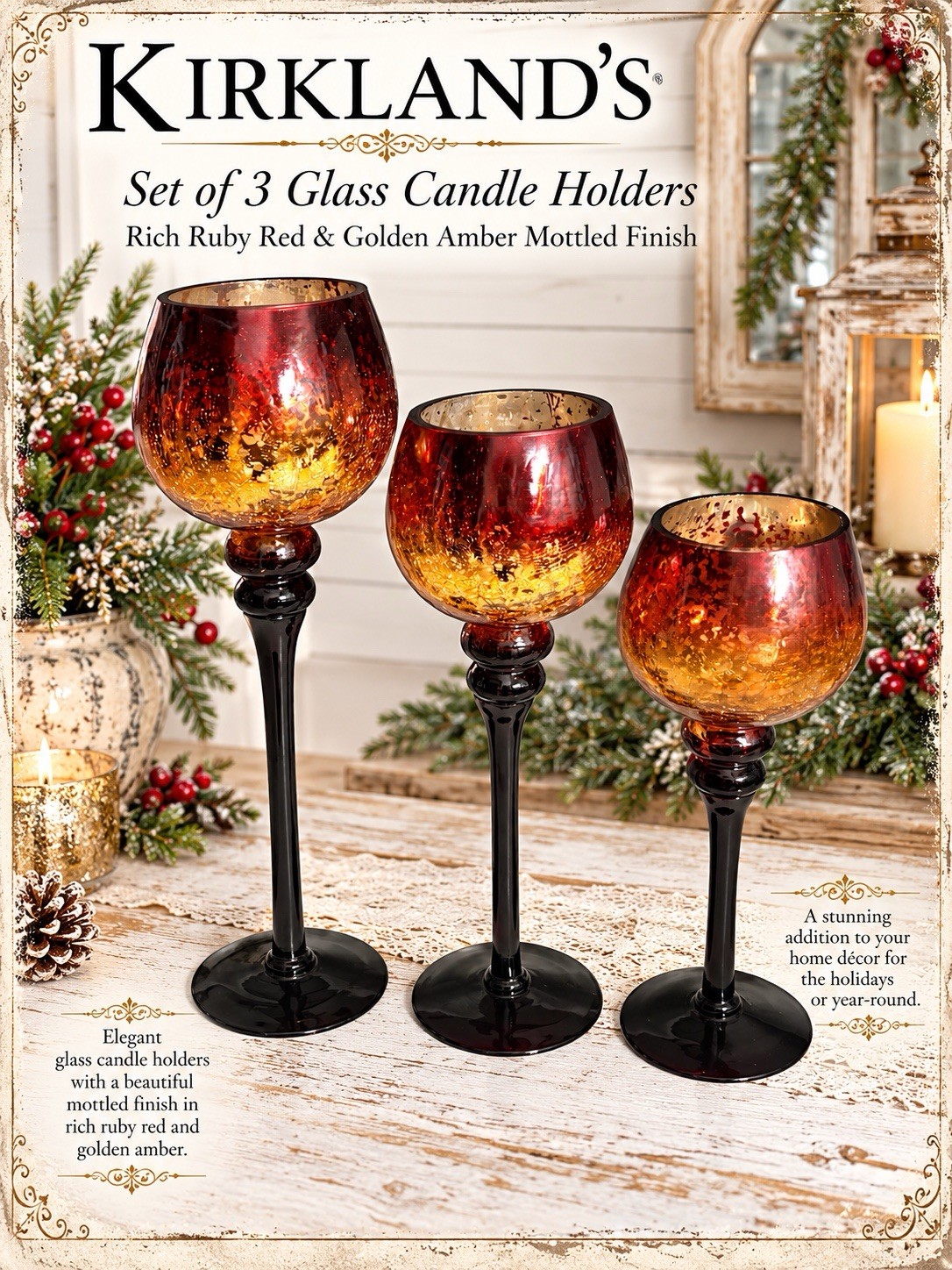 Kirkland’s Set of 3 Ruby Red & Gold Amber Glass Candle Holders Black Stems Kirkland’s Set of 3 Ruby Red & Gold Amber Glass Candle Holders Black Stems